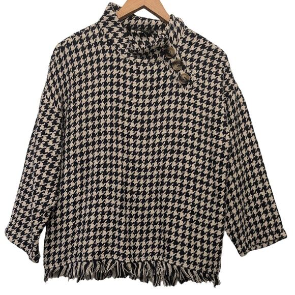 Zara Mock Neck Houndstooth Fringe Hem Pullover Sweater‎ Size Small Cream Navy - Picture 1 of 5
